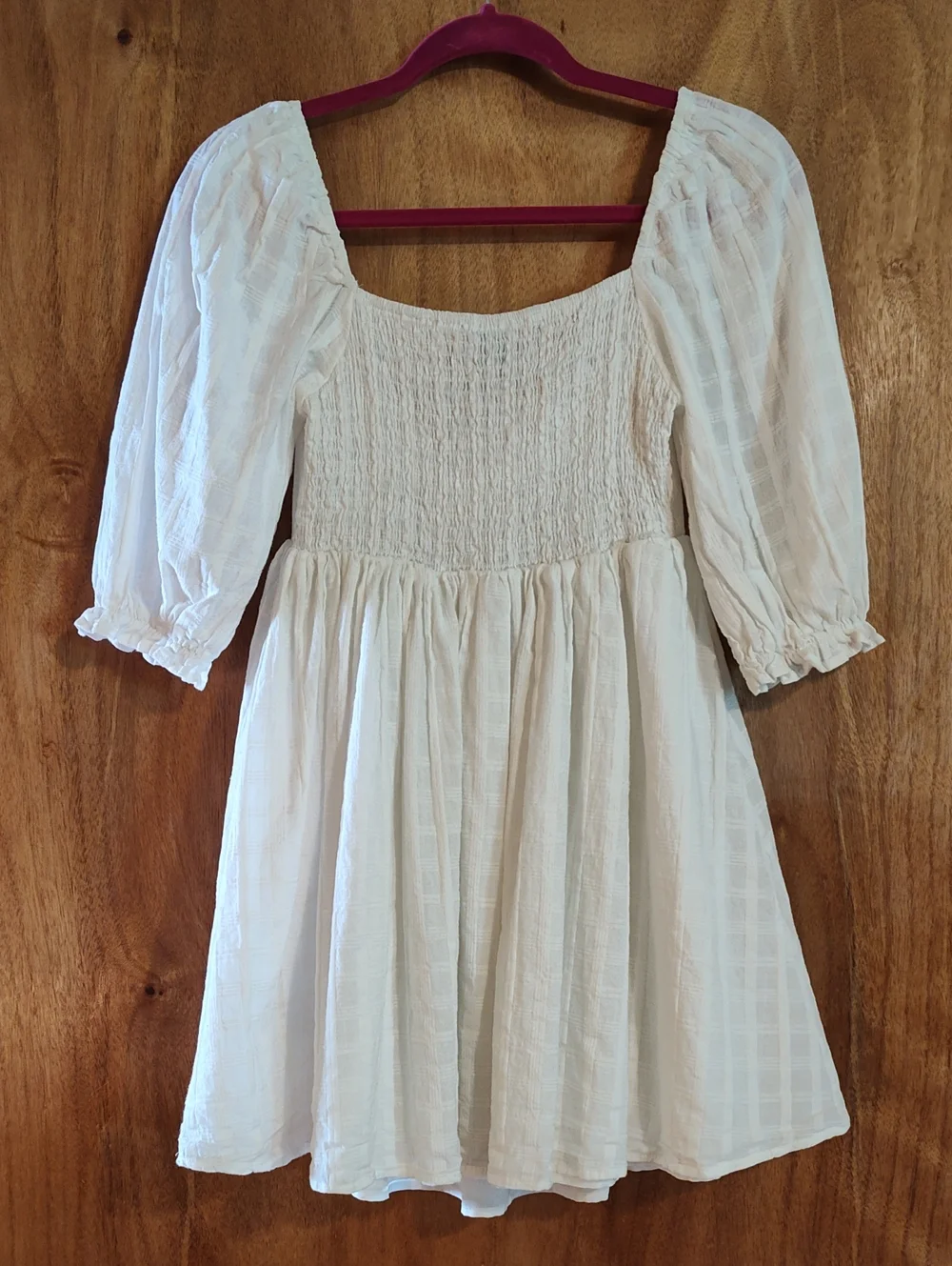 Windsor Puff Sleeve Babydoll Dress White Cotton Smocked Back Lined Size M